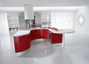 Green Pedini kitchen in Artika glossy red lacquer 